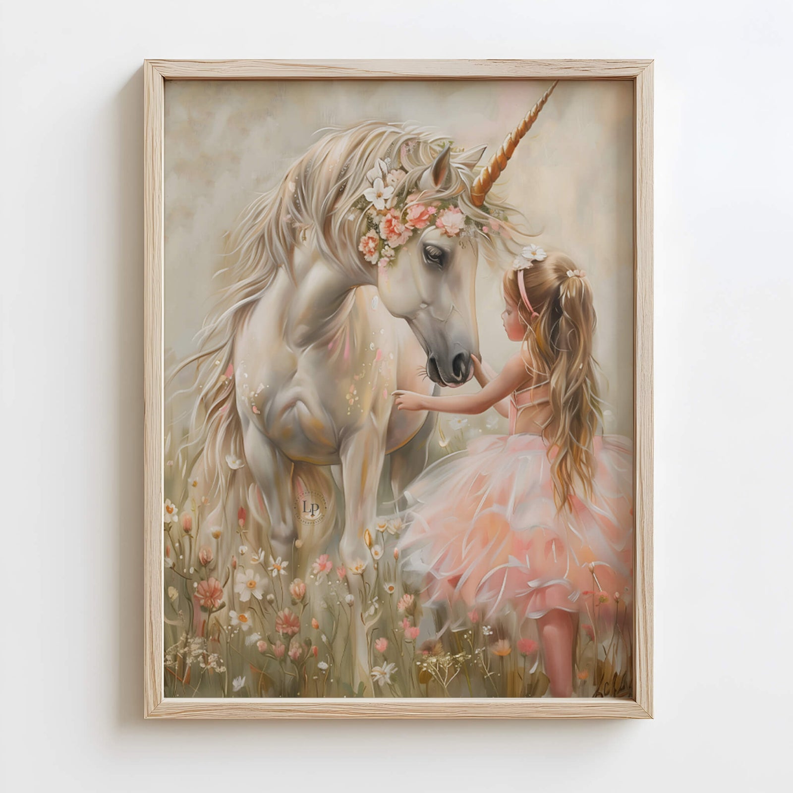 Girl hugging a unicorn in a wildflower field – whimsical unicorn wall art for nursery or child’s bedroom.

