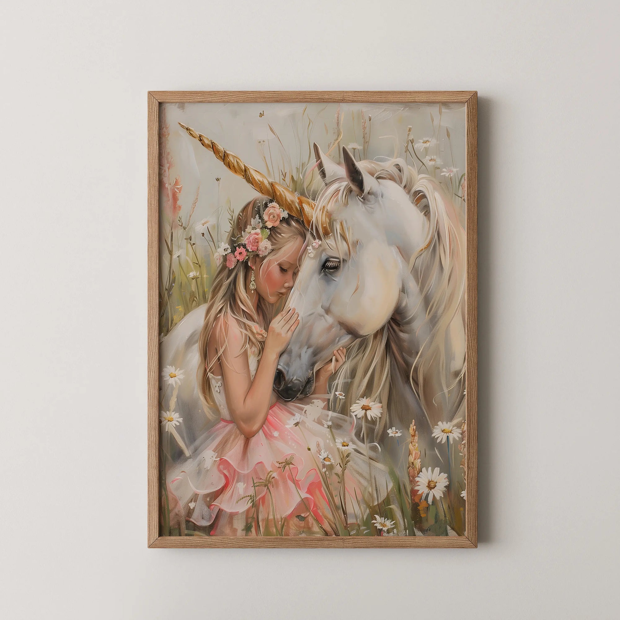 Enchanting unicorn and little girl snuggling in a field of flowers fantasy nursery art print