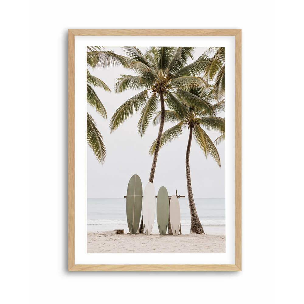 Beach photography print featuring surfboard