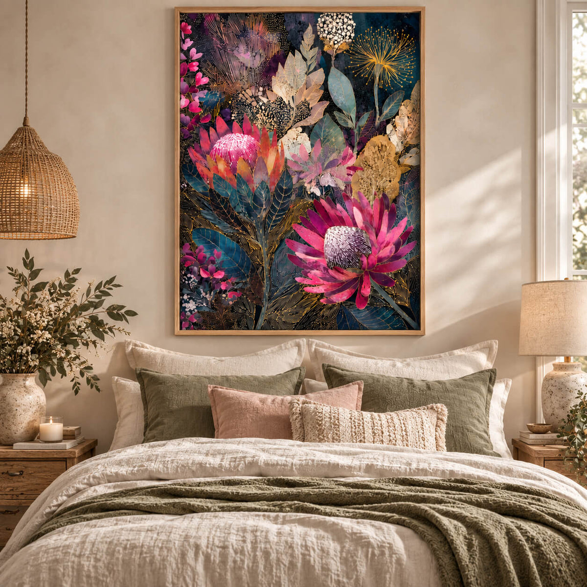 Colourful Australian botanical art print with pink native flowers, teal foliage and intricate golden details.