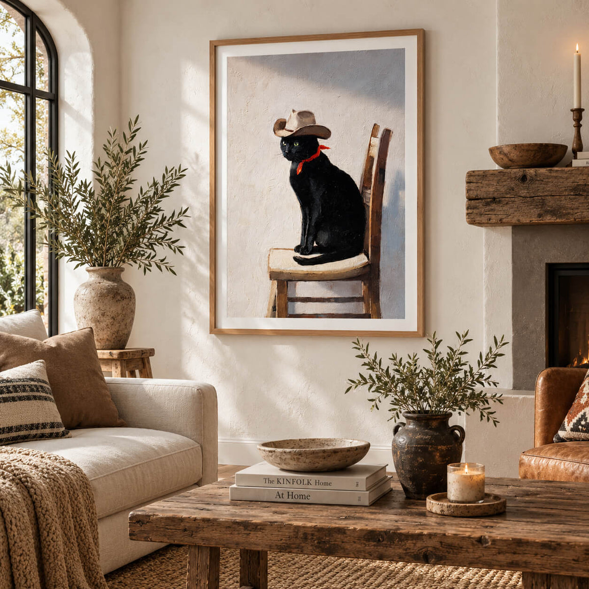 Cowboy cat wall art featuring a black cat wearing a cowboy hat and red bandana