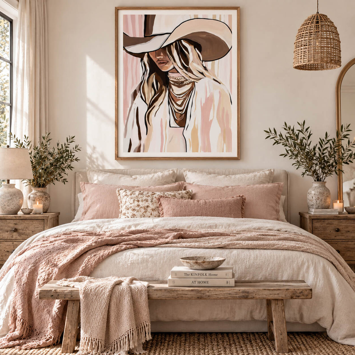 Western cowgirl wall art featuring a stylish woman in a wide-brim hat, displayed in a natural timber frame above a neutral blush bedroom.