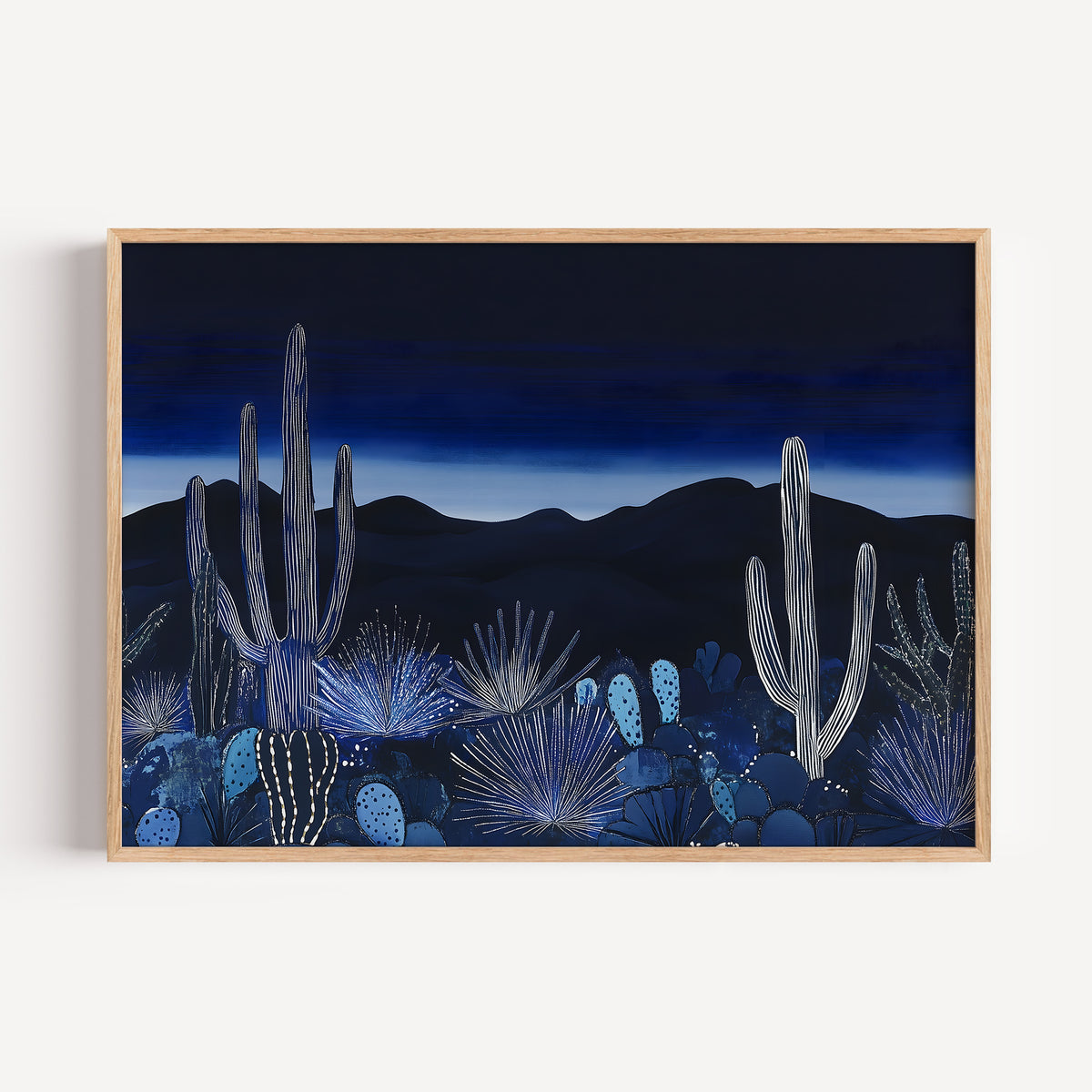 Southwestern desert landscape art print with dark midnight sky and silhouette of cactus and mesas.