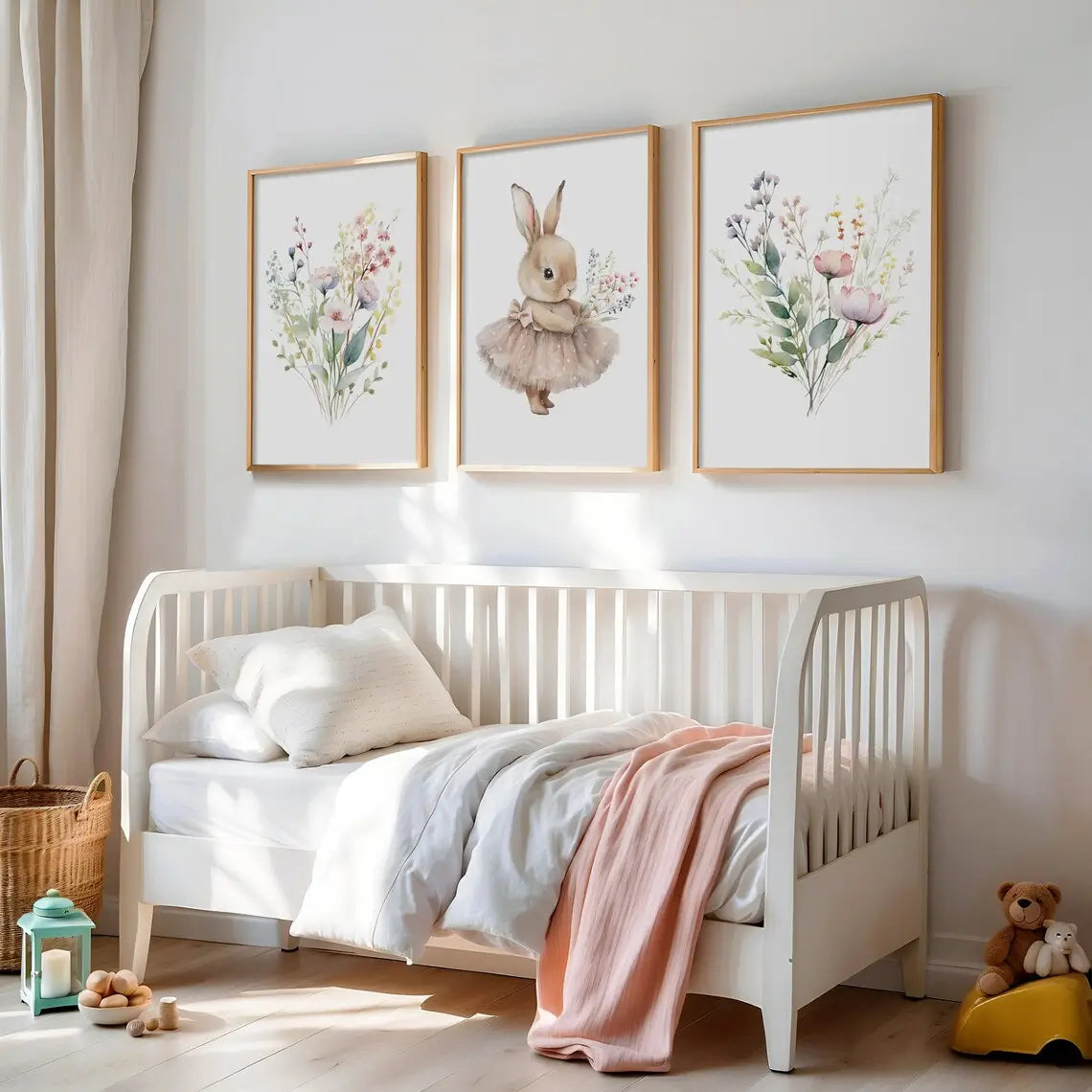 Nursery Prints trio. Featuring a sweet bunny dressed in a tutu and clutching a bouquet of wildflowers,