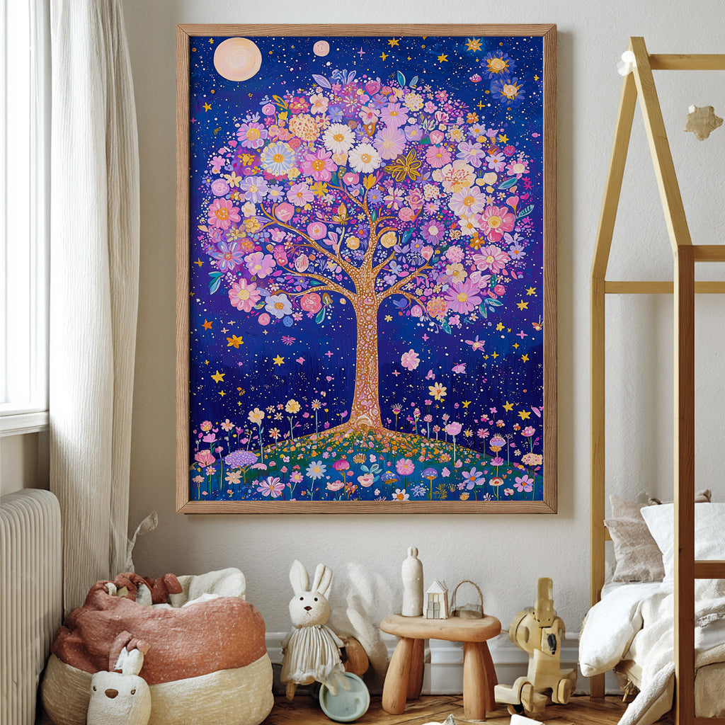Whimsical tree artwork filled with pastel flowers against a starry night sky