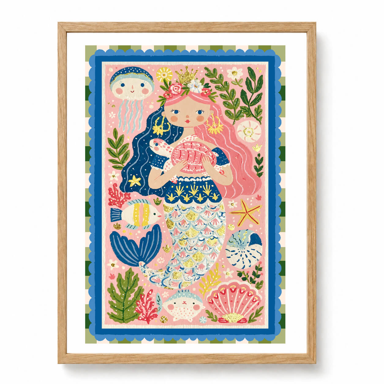 Whimsical mermaid wall art featuring a pink-haired mermaid holding a seashell, surrounded by coral, fish and ocean creatures.