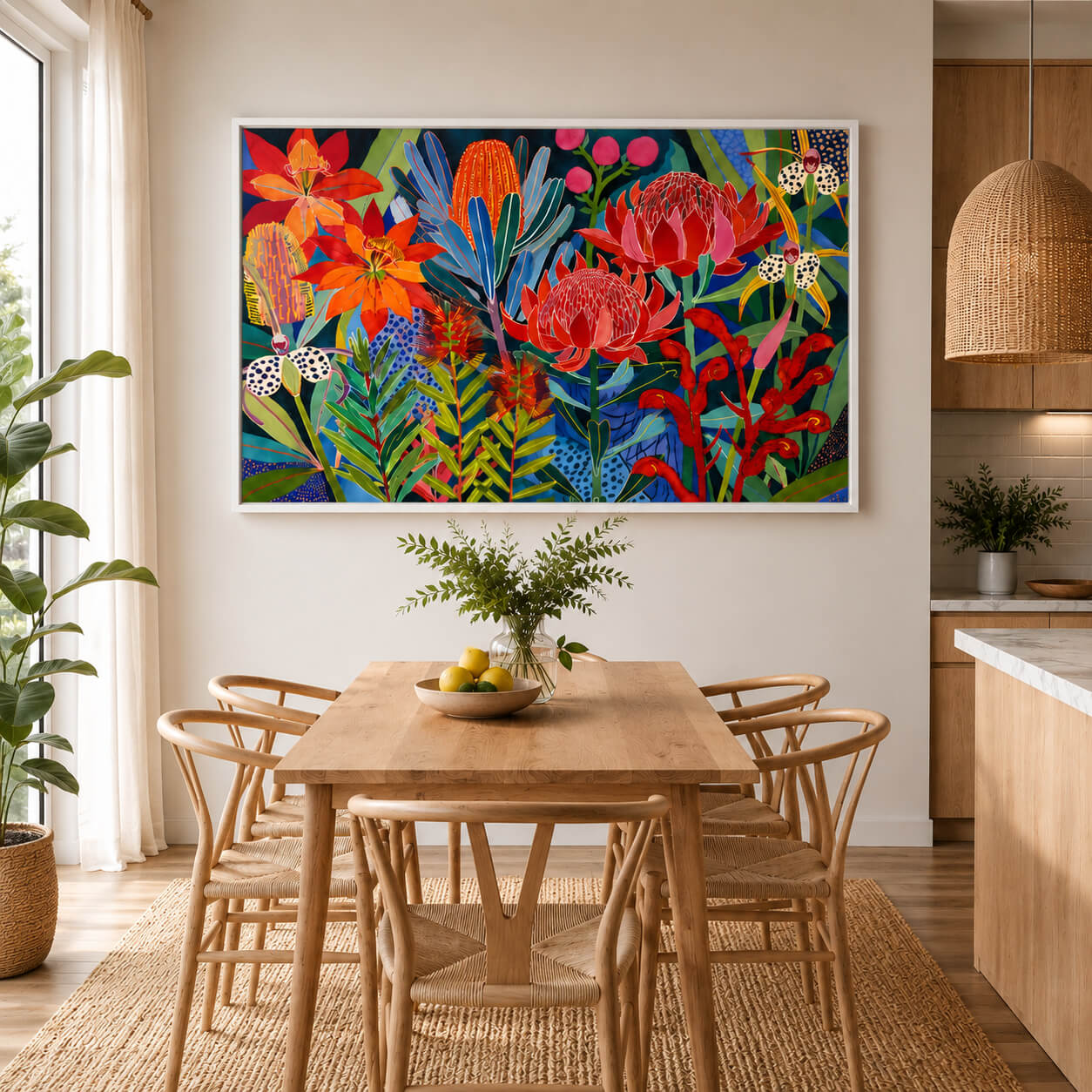 Large Australian native floral framed canvas with colourful proteas, banksias and wildflowers shown with woman for scale