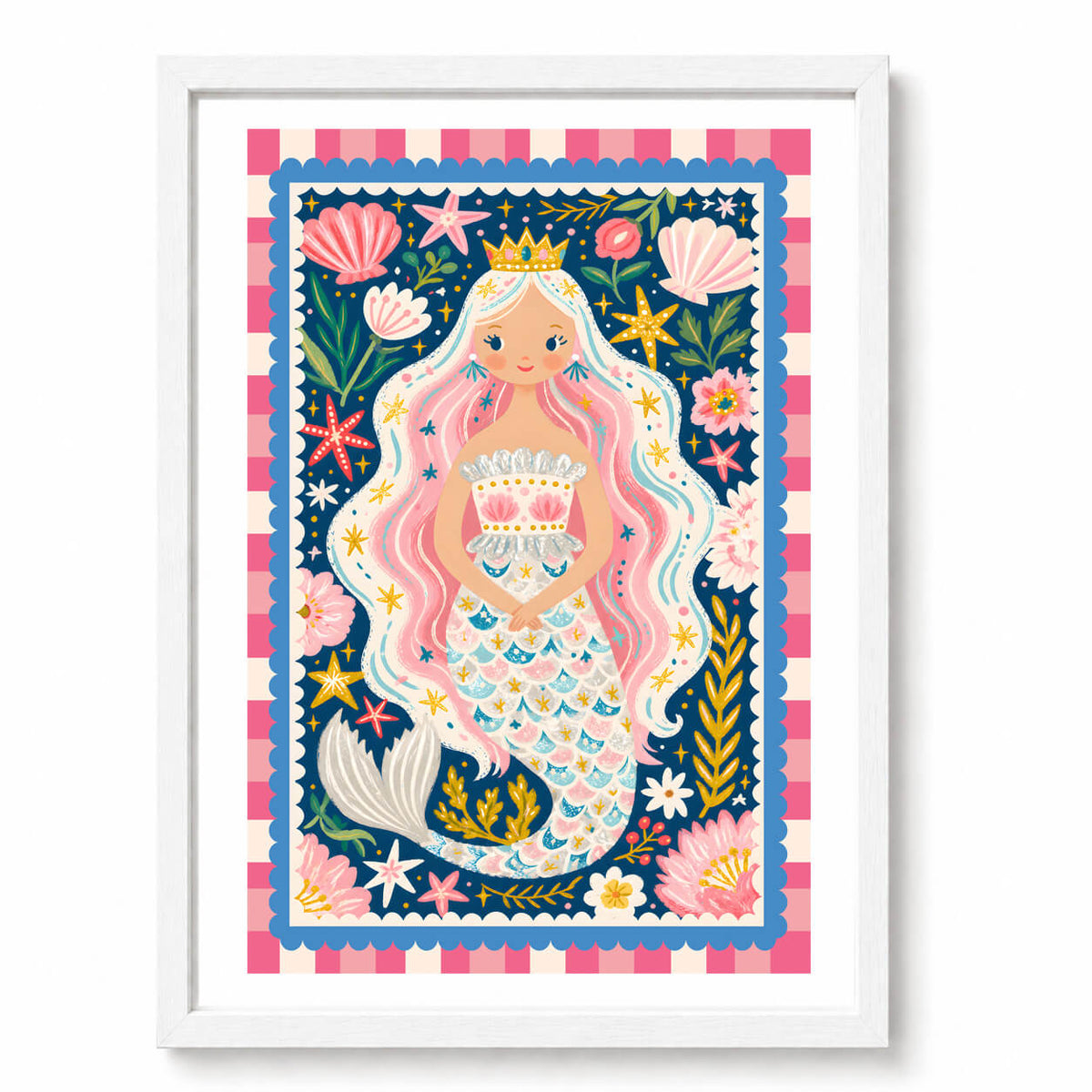 Mermaid Treasure wall art in white frame