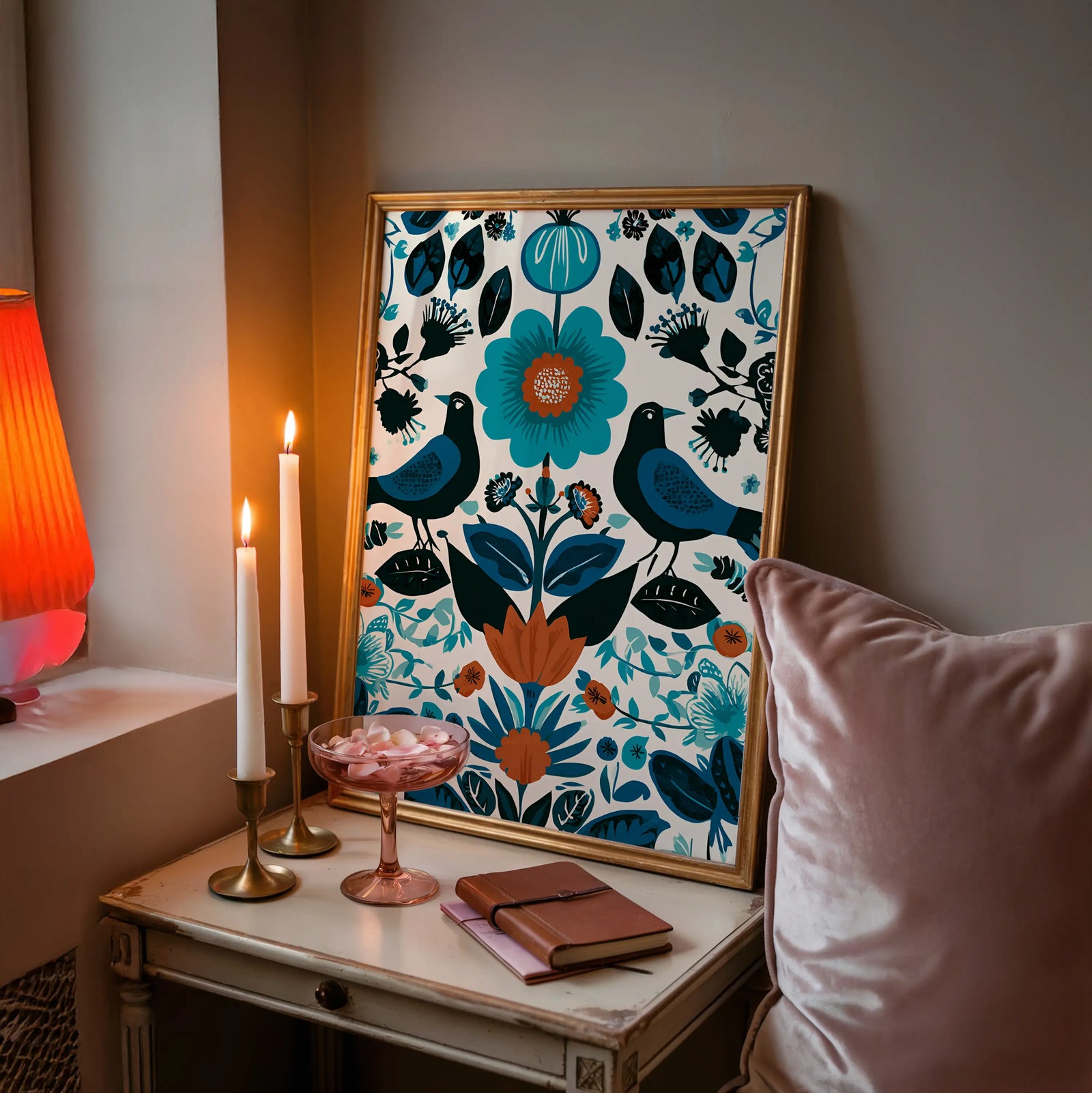 Blue and white Mexican inspired wall art with floral and bird motifs