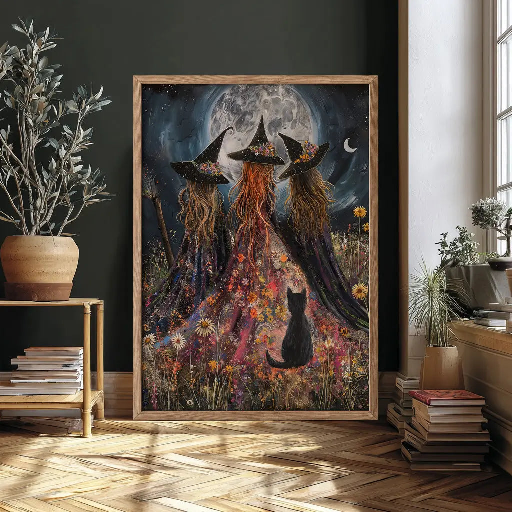 Three witches under a full moon with a black cat — witchy wall art collection
