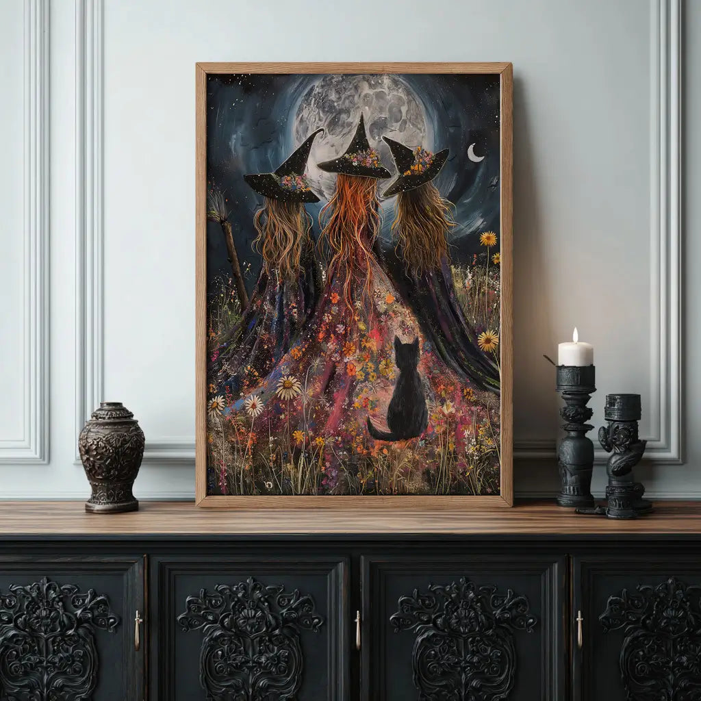 Mystical witch trio with full moon and cat — witchy wall art series.
