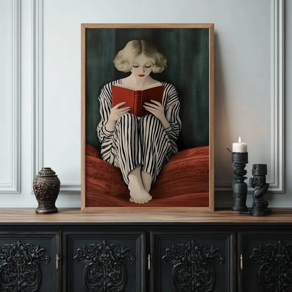 Illustration of a woman peacefully reading, featuring minimalist lines and rich emerald and red tones