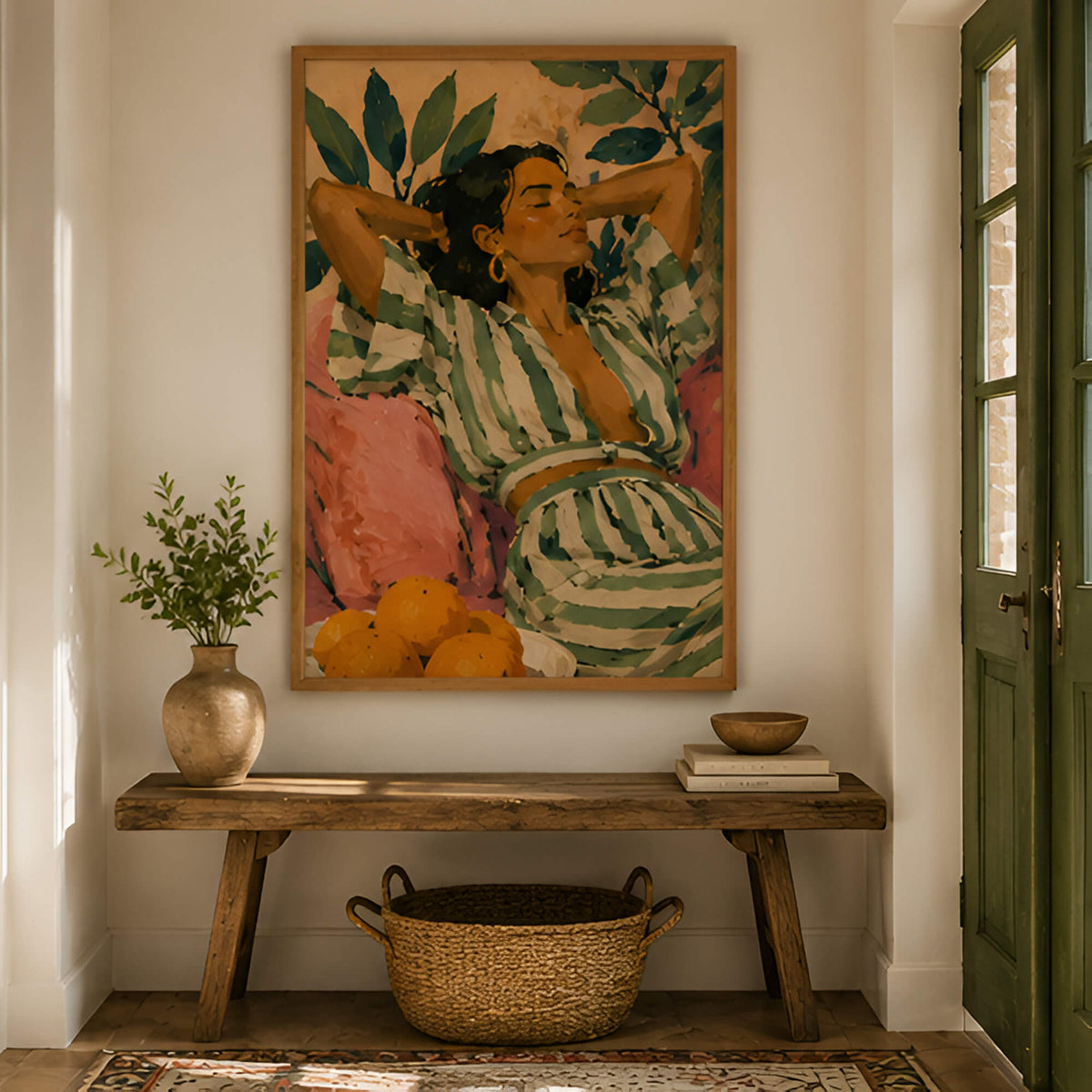 Mediterranean woman wall art featuring olive green striped clothing, citrus colours