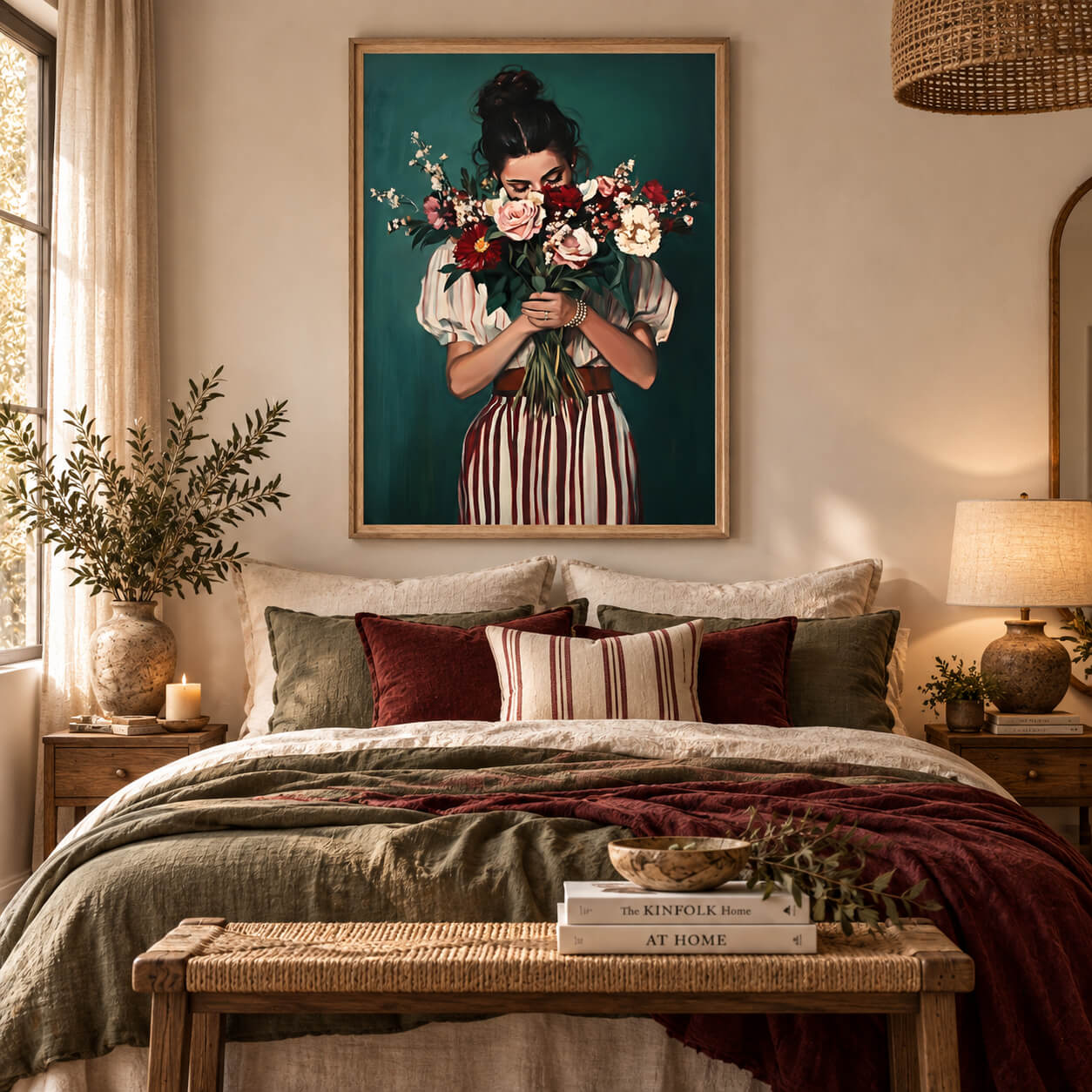 Burgundy floral woman wall art print in natural timber frame with modern neutral living room decor