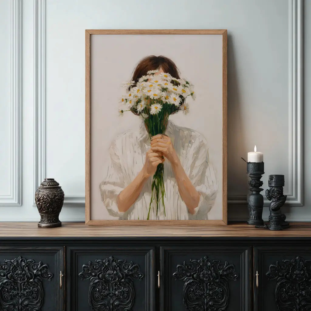 Woman portrait holding daisies wall art   neutral tones