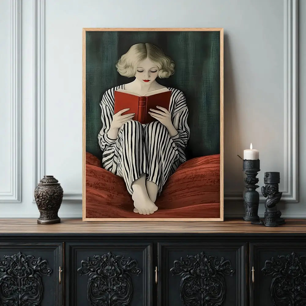 Illustration of a woman peacefully reading, featuring minimalist lines and rich emerald and red tones