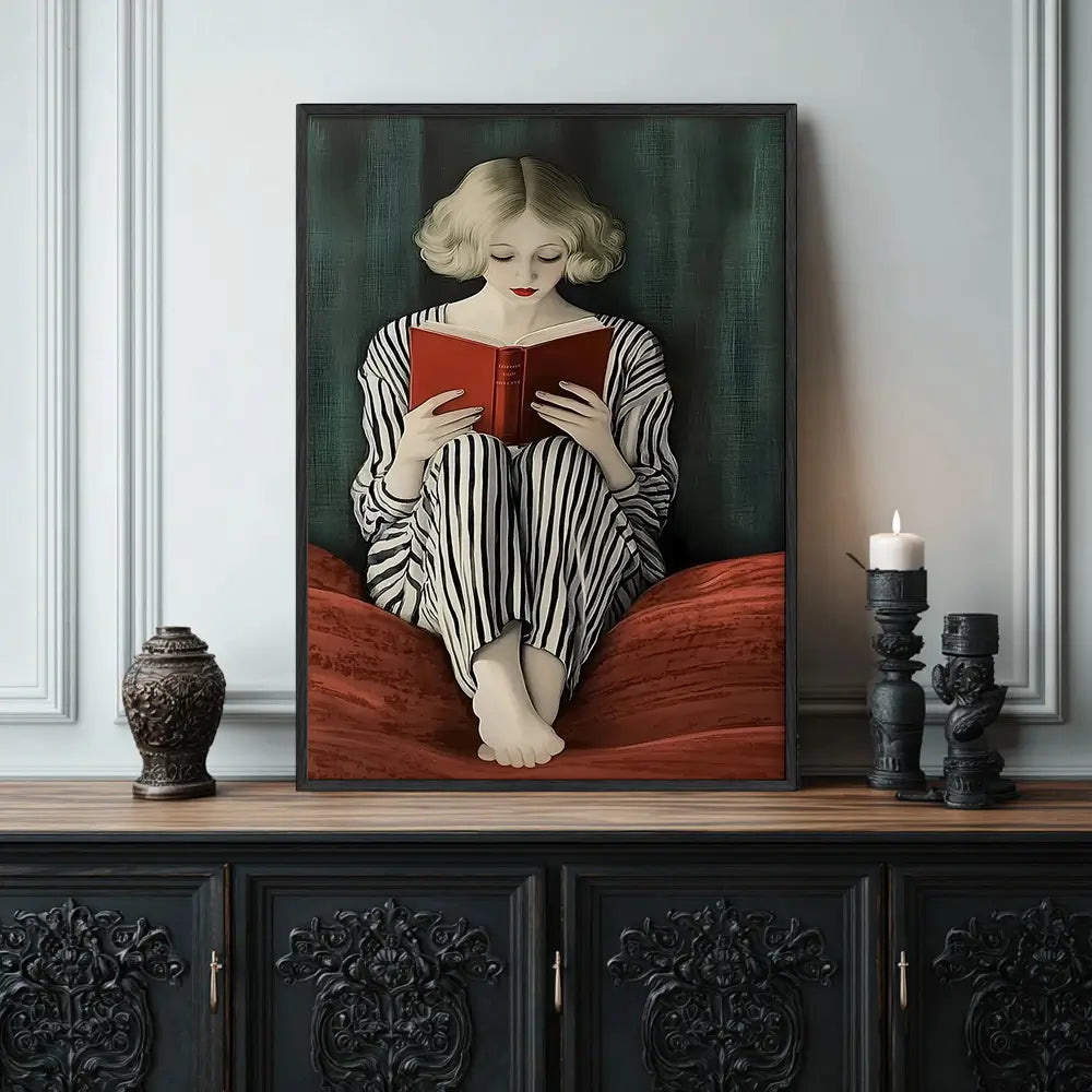 Illustration of a woman peacefully reading, featuring minimalist lines and rich emerald and red tones in a black frame