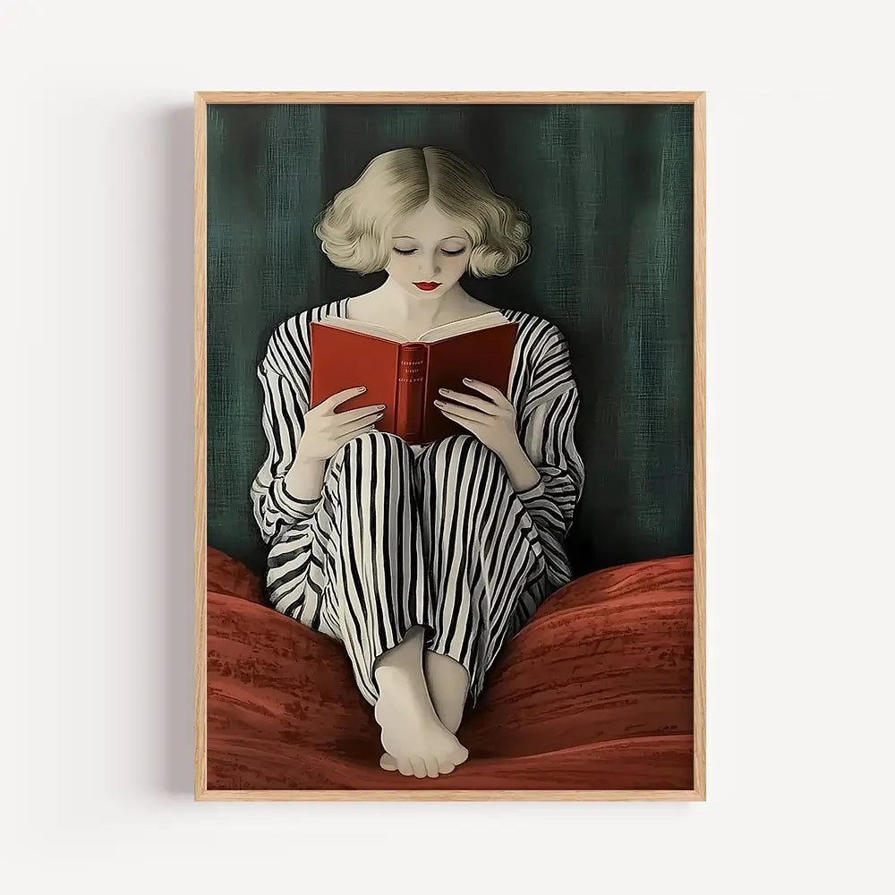 Illustration of a woman peacefully reading, featuring minimalist lines and rich emerald and red tones