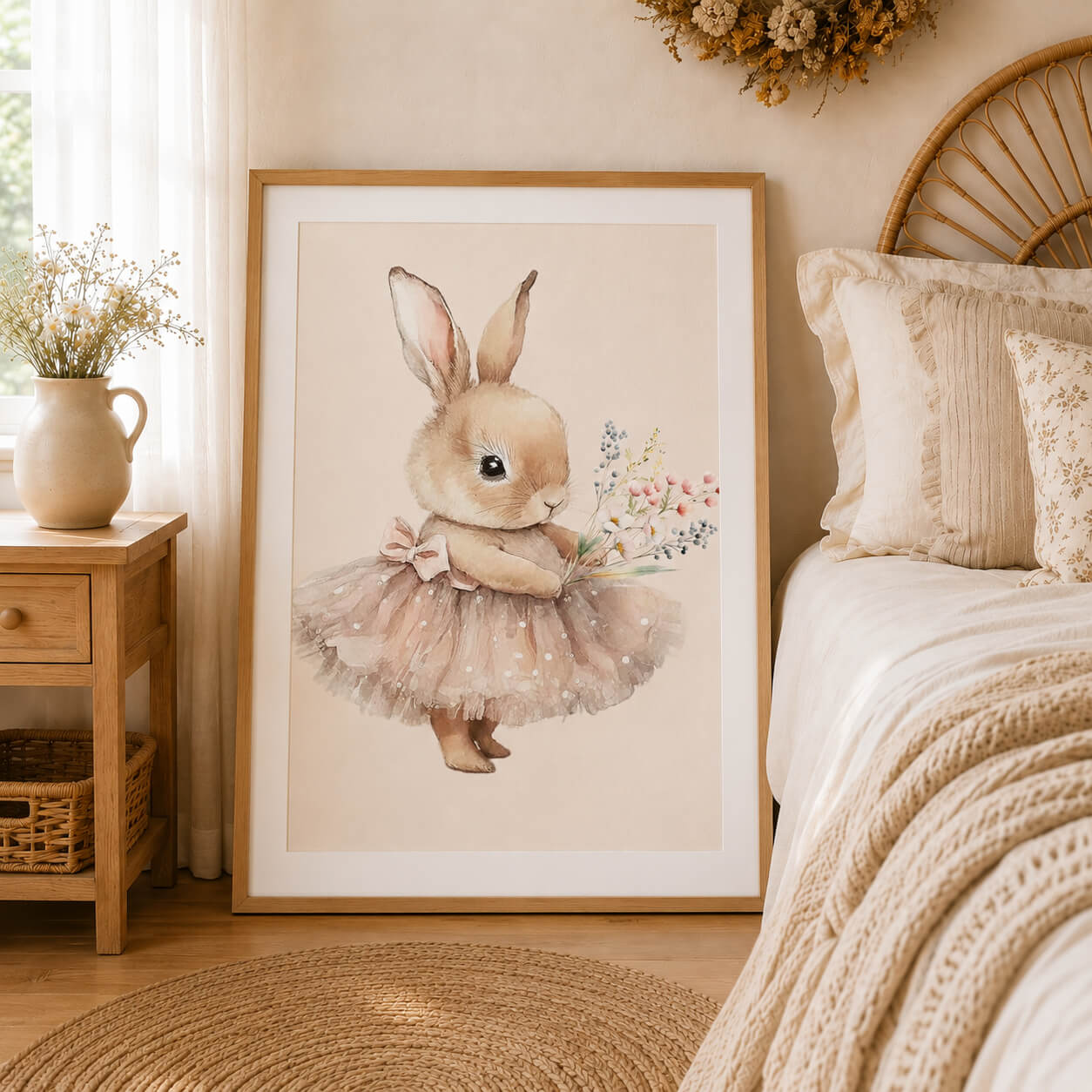 Sweet watercolor bunny in a soft pink tutu holding pastel wildflowers, featuring gentle blush, cream and neutral tones for a whimsical cottagecore woodland nursery or girls bedroom.