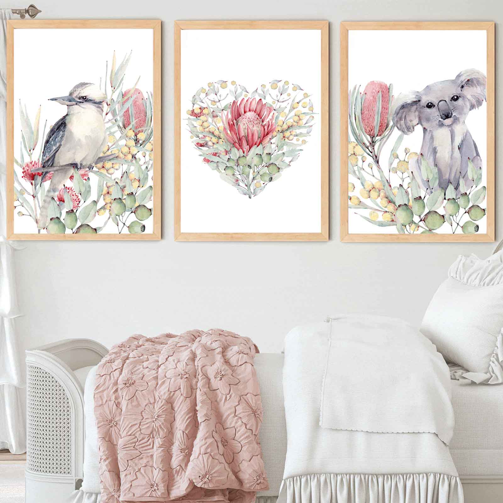 Kookaburra Heart and koala native fauna wall art set of three