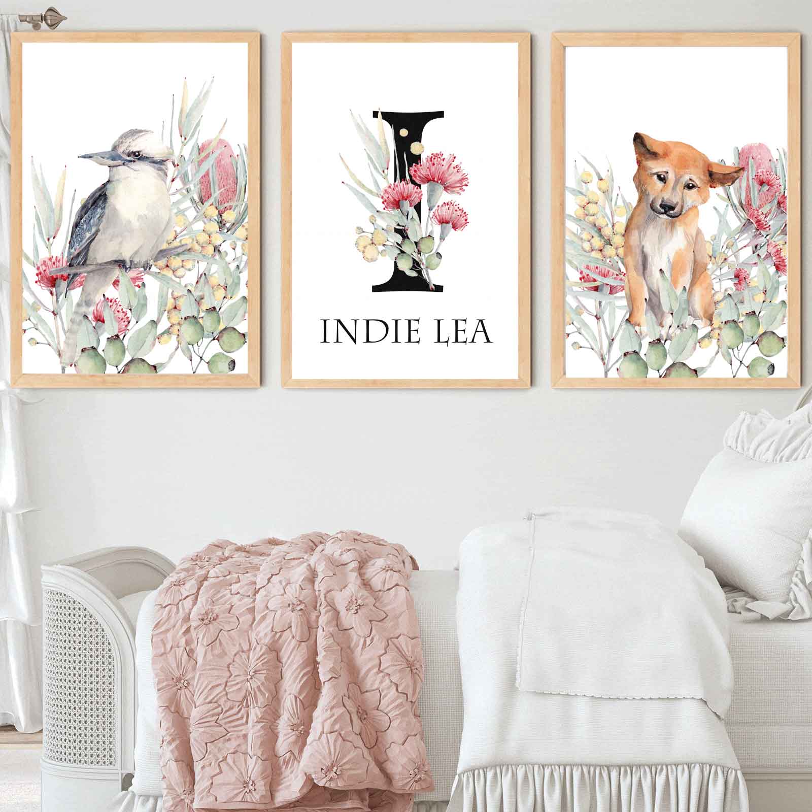 Kookaburra and dingo and personalised name wall print in a girls bedroom white bed with pink cover