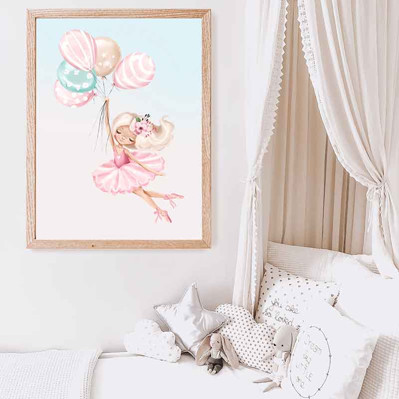 Girls white bed with canopy and wall art with ballerina floating with pastel coloured balloons 