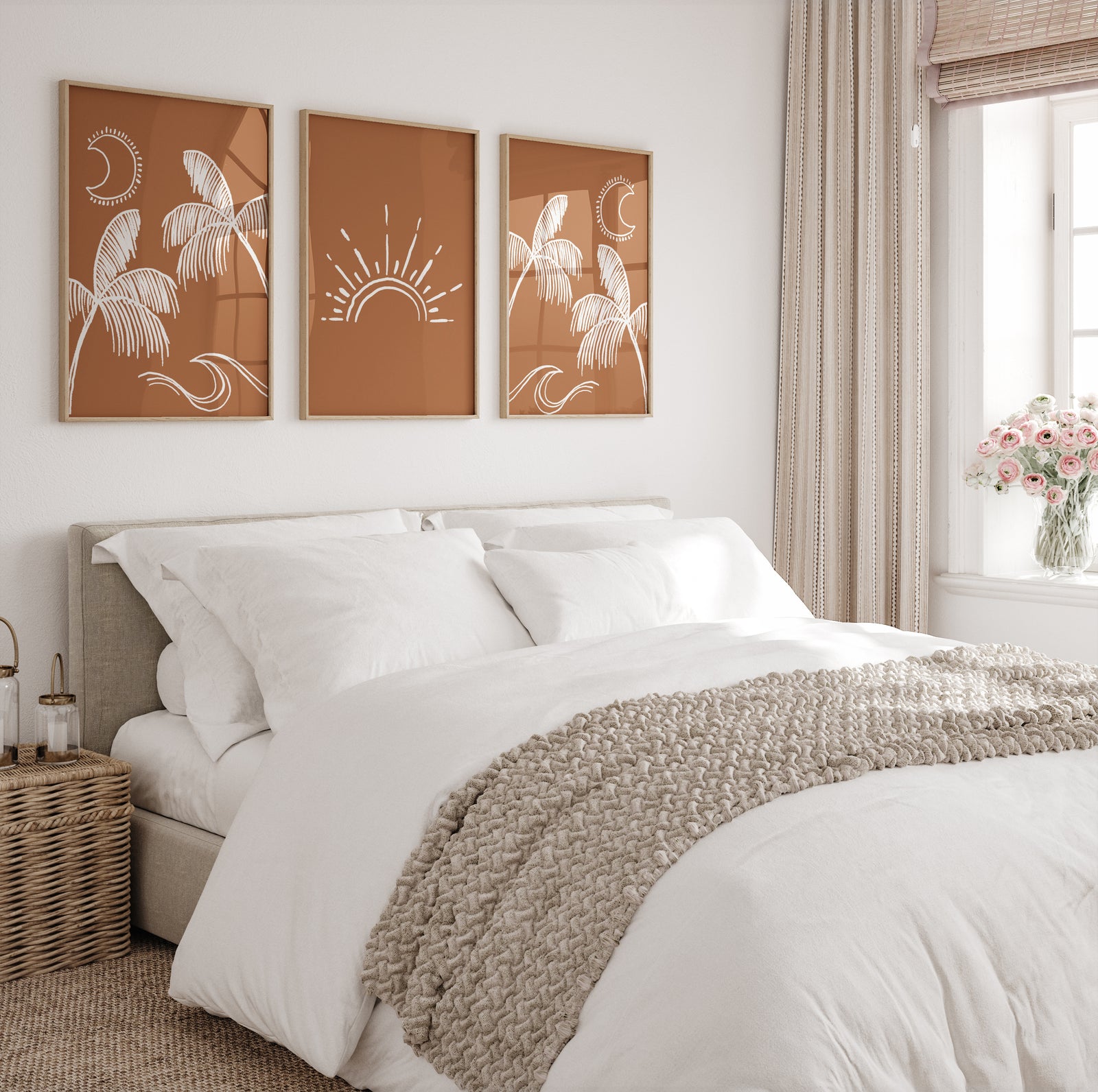 Minimal boho wall art print with white palm tree and sun silhouettes on a custom background